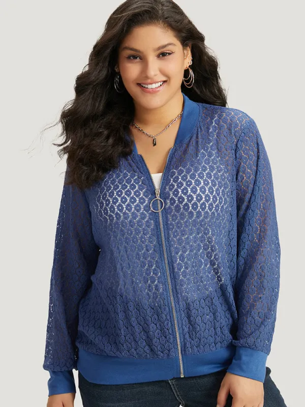 Plain Lace Patchwork Zipper Cut Out Jacket sold by Bloomchic