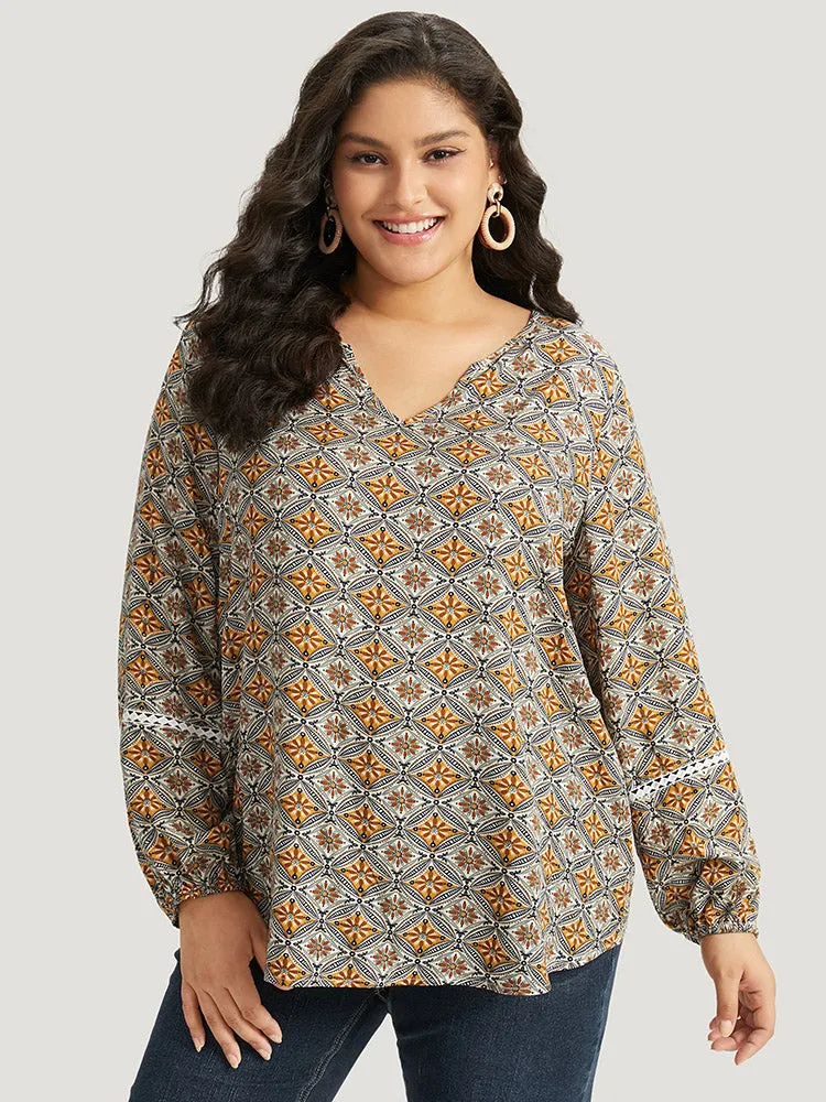 Boho Print Notched Contrast Lace Blouse sold by Bloomchic product image thumbnail 3