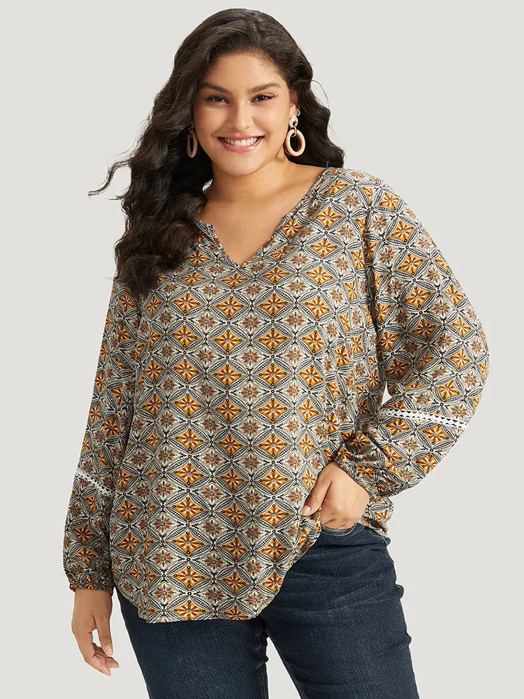 Boho Print Notched Contrast Lace Blouse sold by Bloomchic