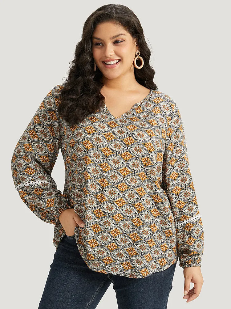 Boho Print Notched Contrast Lace Blouse sold by Bloomchic product image thumbnail 5