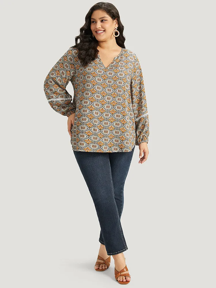 Boho Print Notched Contrast Lace Blouse sold by Bloomchic product image thumbnail 4