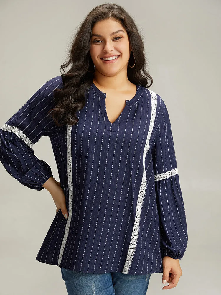 Striped Guipure Lace Notched Lantern Sleeve Blouse sold by Bloomchic product image thumbnail 2