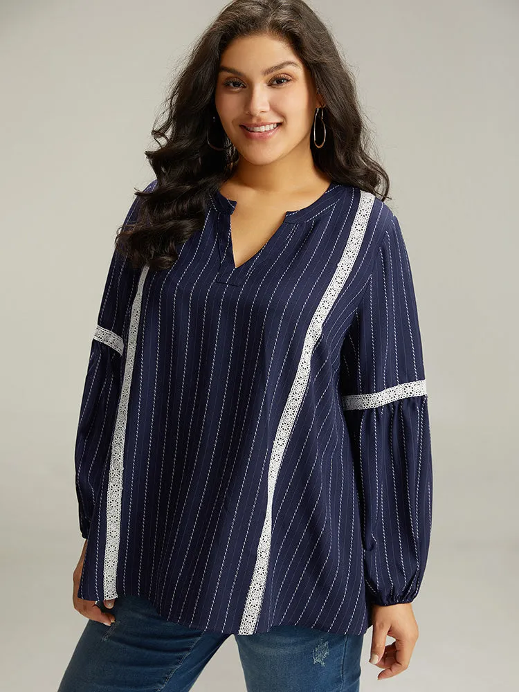 Striped Guipure Lace Notched Lantern Sleeve Blouse sold by Bloomchic product image thumbnail 3