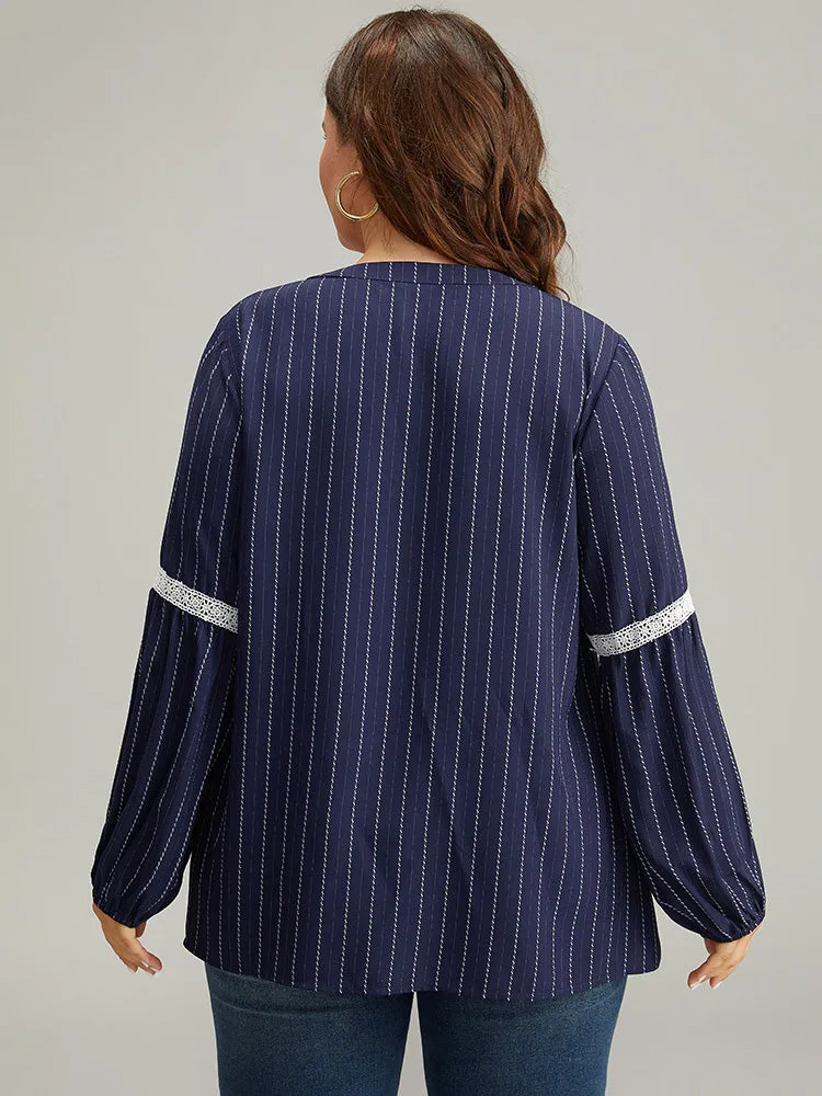 Striped Guipure Lace Notched Lantern Sleeve Blouse sold by Bloomchic product image thumbnail 4