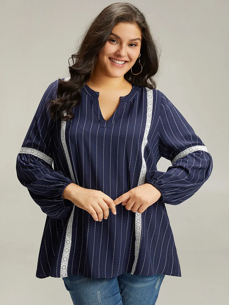 Striped Guipure Lace Notched Lantern Sleeve Blouse sold by Bloomchic