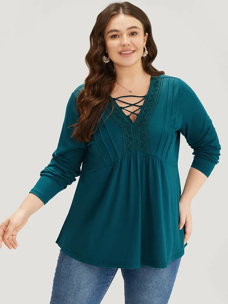 Plain Lace Patchwork Pleated Crisscross T-shirt sold by Bloomchic