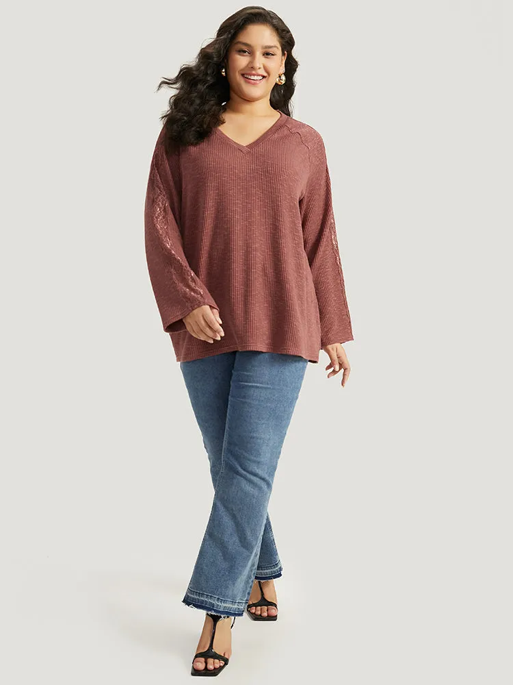 Rib Knit Lace Panel Raglan Sleeve T-shirt sold by Bloomchic product image thumbnail 4