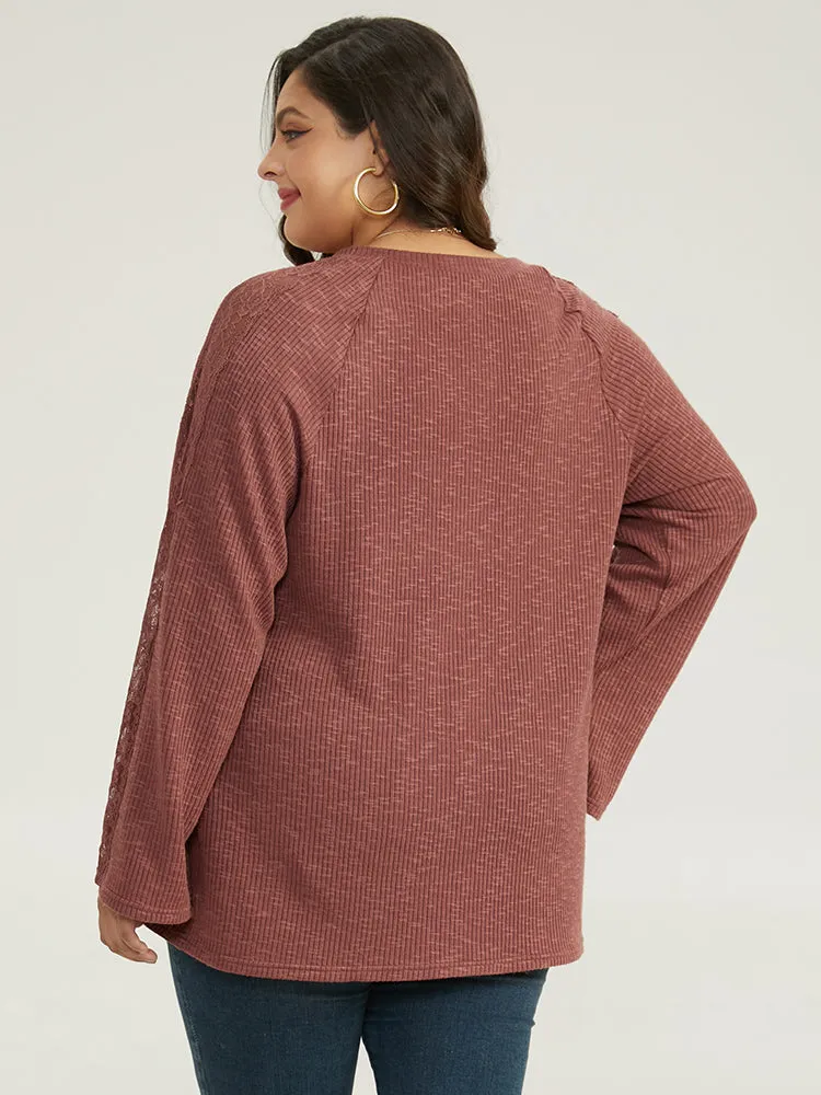 Rib Knit Lace Panel Raglan Sleeve T-shirt sold by Bloomchic product image thumbnail 2