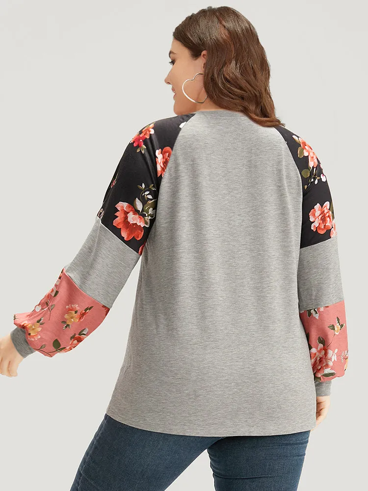 Colorblock Contrast Floral Crew Neck Raglan Sleeve Sweatshirt sold by Bloomchic product image thumbnail 3