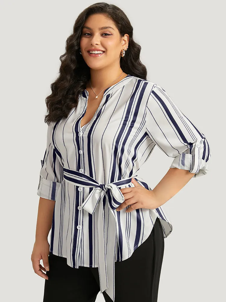 Striped Arc Hem Belted Roll Tab Sleeve Blouse sold by Bloomchic product image thumbnail 2