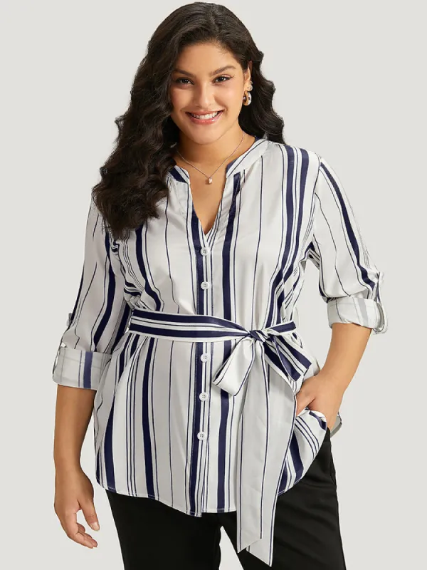 Striped Arc Hem Belted Roll Tab Sleeve Blouse sold by Bloomchic