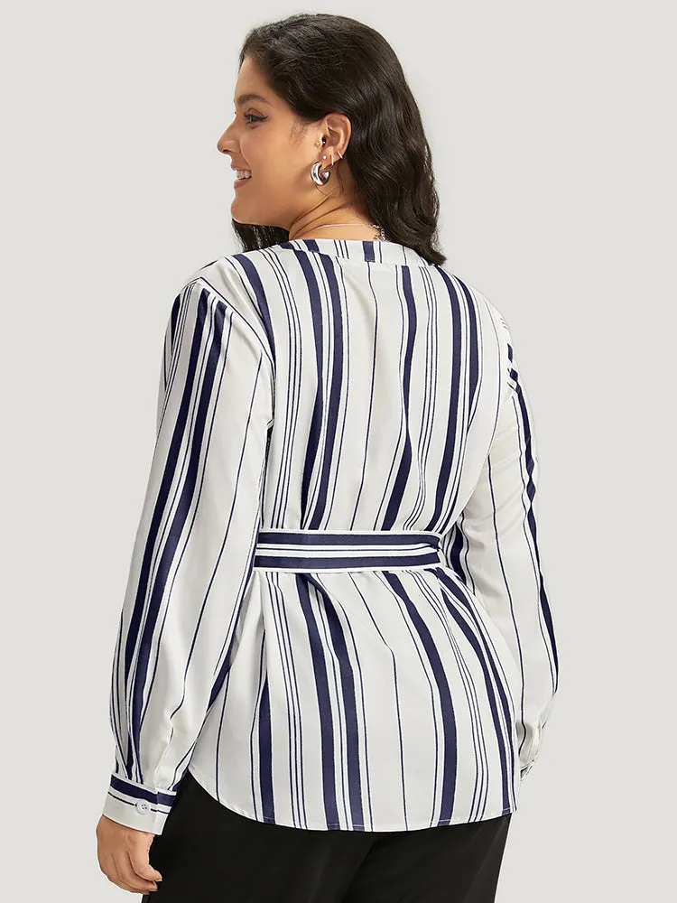 Striped Arc Hem Belted Roll Tab Sleeve Blouse sold by Bloomchic product image thumbnail 4