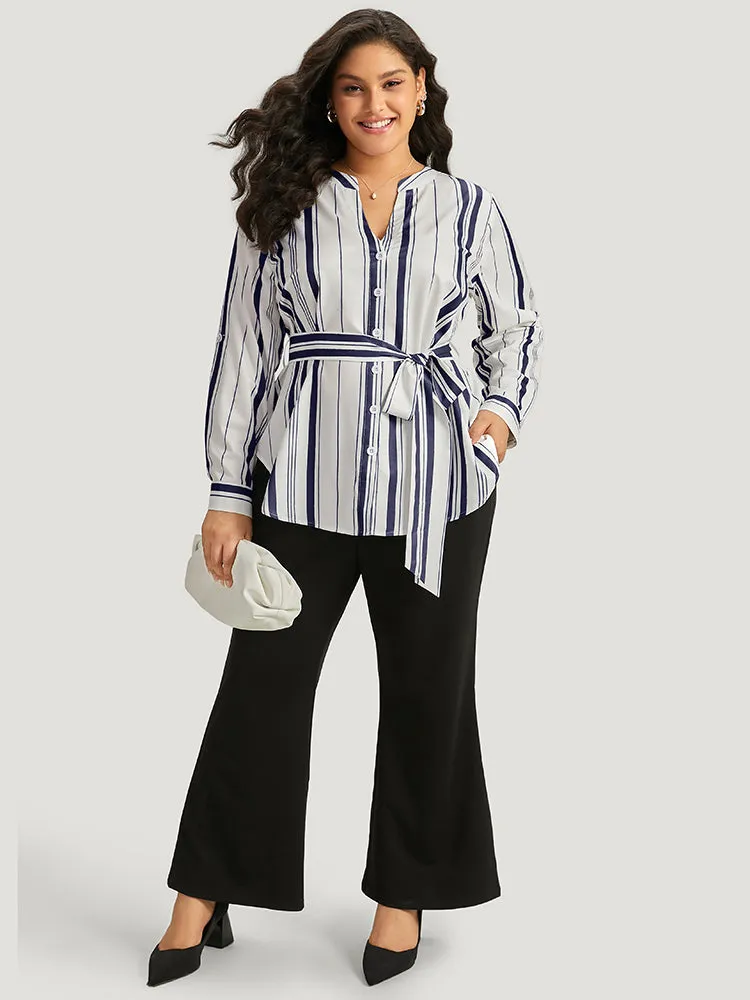 Striped Arc Hem Belted Roll Tab Sleeve Blouse sold by Bloomchic product image thumbnail 3