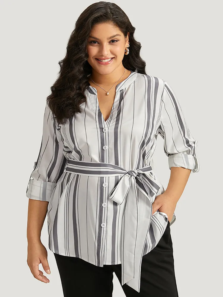 Striped Arc Hem Belted Roll Tab Sleeve Blouse sold by Bloomchic product image thumbnail 5