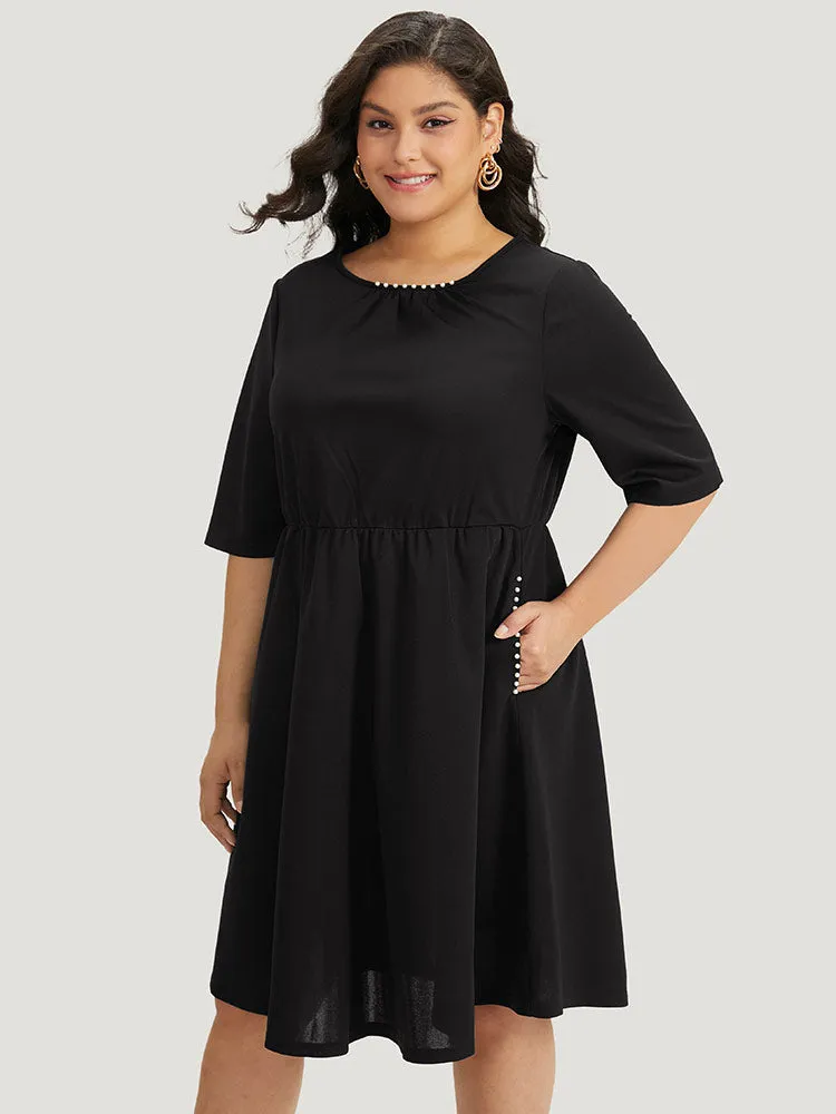 Plain Pocket Pearl Beaded Detail Gathered Dress sold by Bloomchic product image thumbnail 3