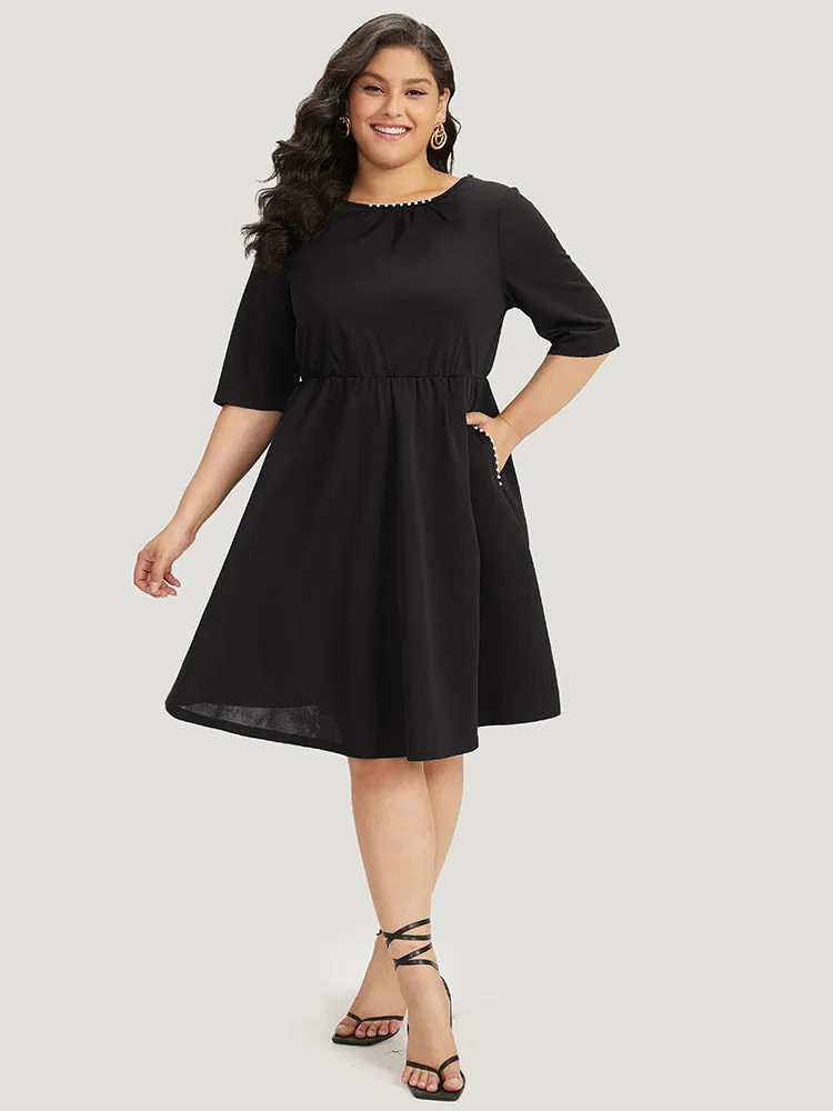 Plain Pocket Pearl Beaded Detail Gathered Dress sold by Bloomchic product image thumbnail 4