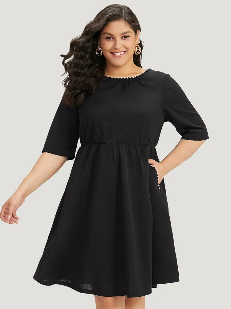 Plain Pocket Pearl Beaded Detail Gathered Dress sold by Bloomchic