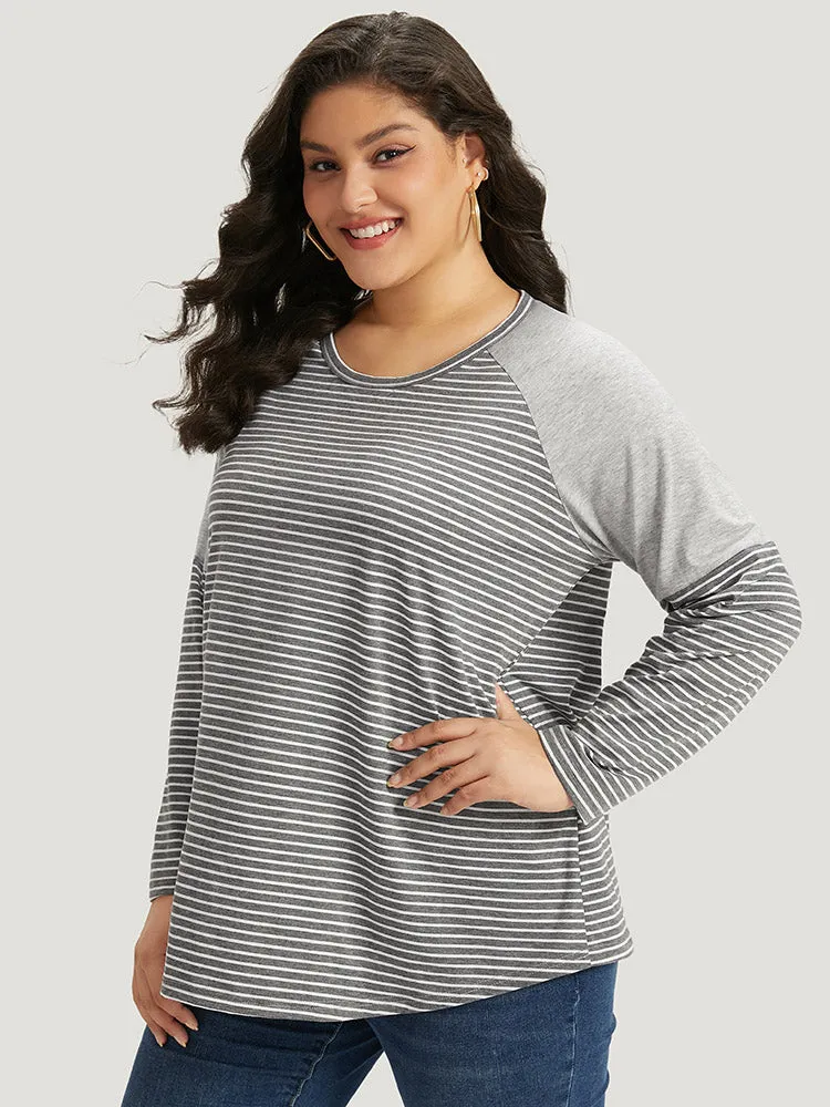 Striped Patchwork Crew Neck Raglan Sleeve T-shirt sold by Bloomchic product image thumbnail 3