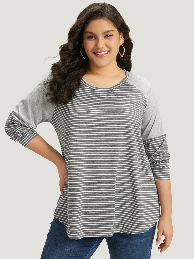 Striped Patchwork Crew Neck Raglan Sleeve T-shirt sold by Bloomchic