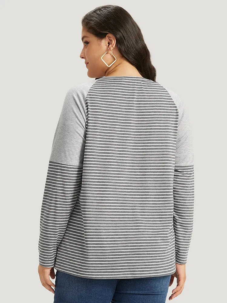 Striped Patchwork Crew Neck Raglan Sleeve T-shirt sold by Bloomchic product image thumbnail 2