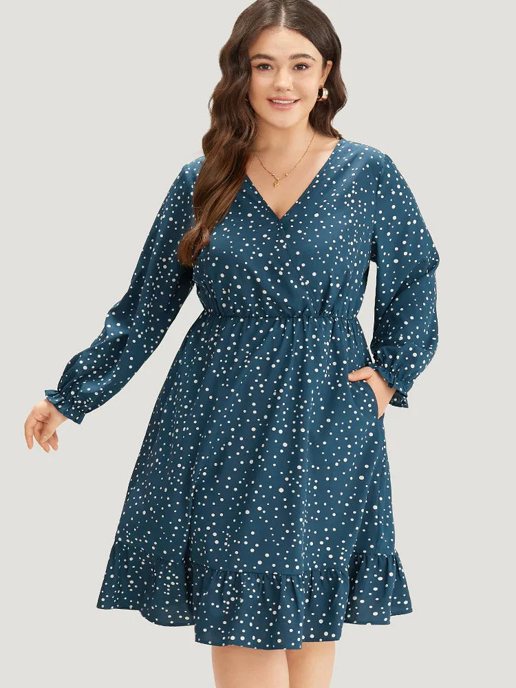 Polka Dot Overlap Collar Flutter Trim Dress sold by Bloomchic