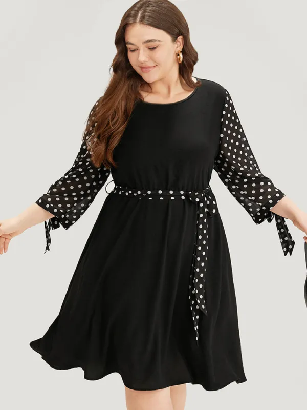 Polka Dot Patchwork Mesh Belted Bowknot Dress sold by Bloomchic