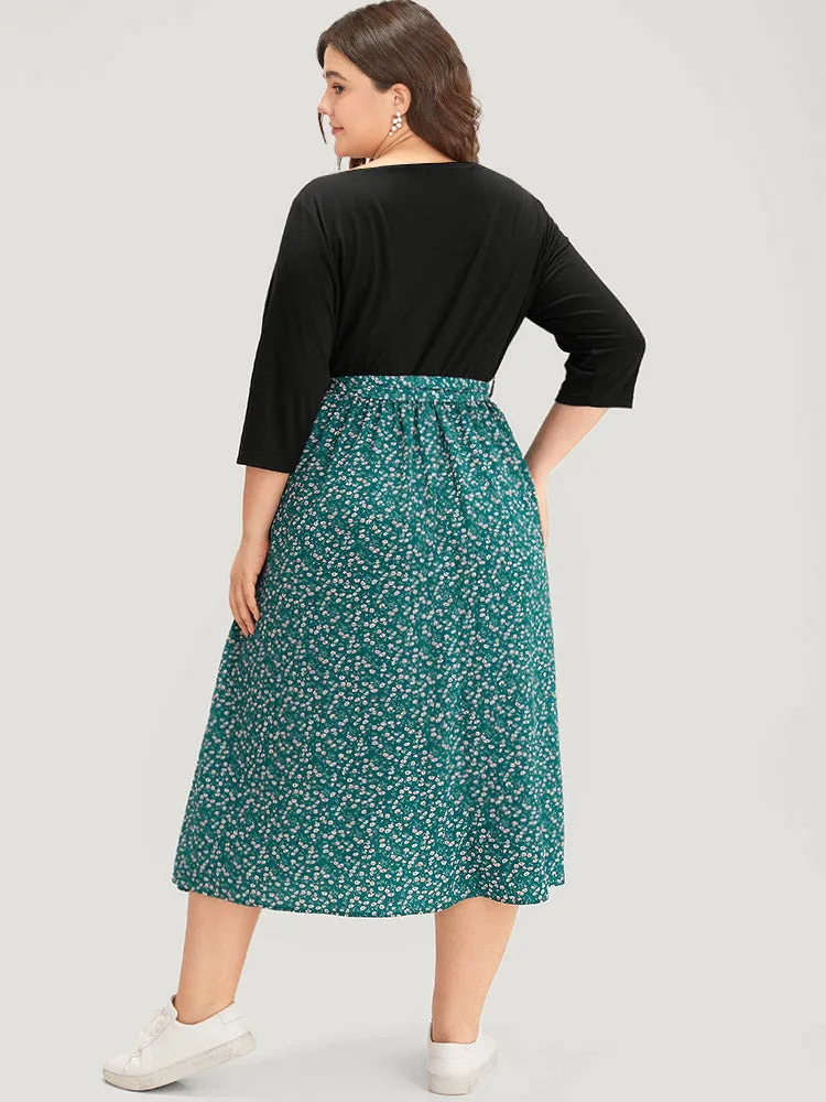 Ditsy Floral Patchwork Pocket Belted Crew Neck Dress sold by Bloomchic product image thumbnail 4