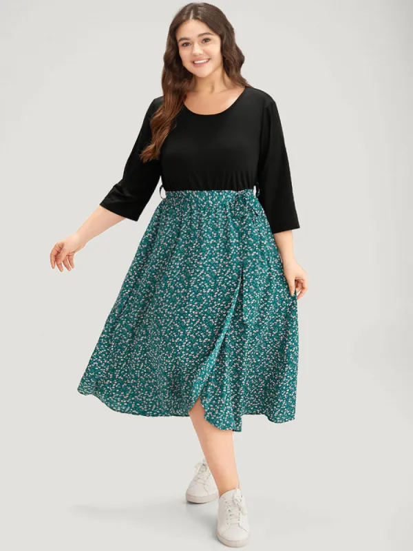 Ditsy Floral Patchwork Pocket  Belted Crew Neck Dress sold by Bloomchic