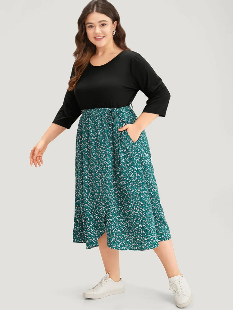 Ditsy Floral Patchwork Pocket Belted Crew Neck Dress sold by Bloomchic product image thumbnail 2