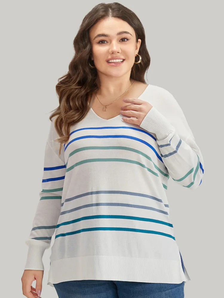 Striped V Neck Split Hem Pullover sold by Bloomchic