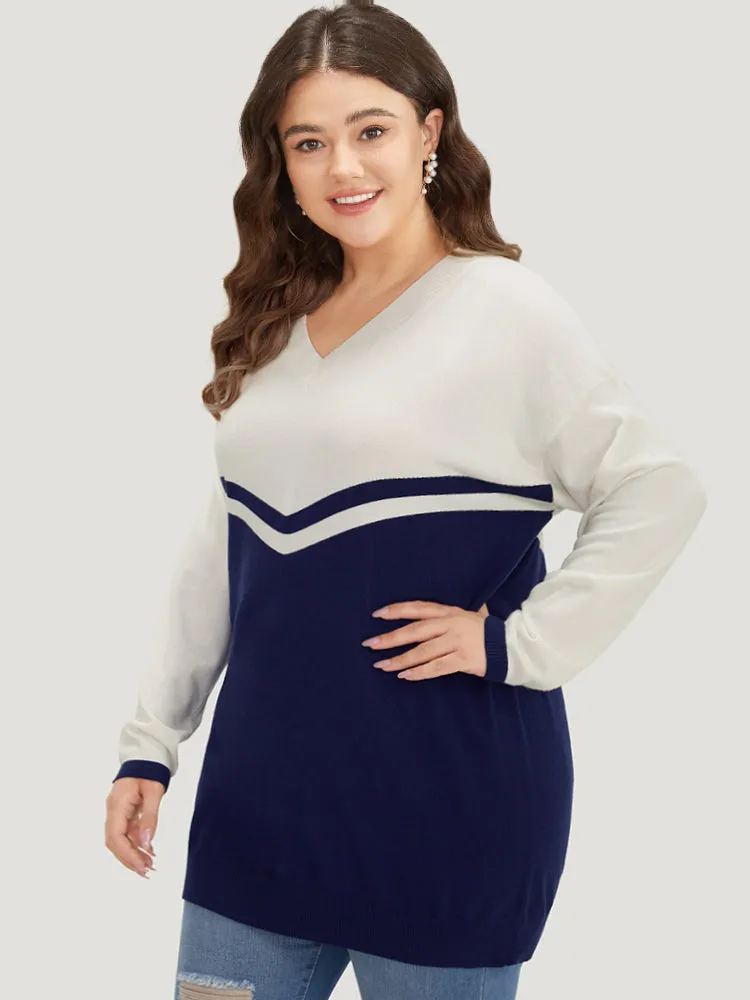 Striped Two Tone V Neck Drop Shoulder Pullover sold by Bloomchic product image thumbnail 2