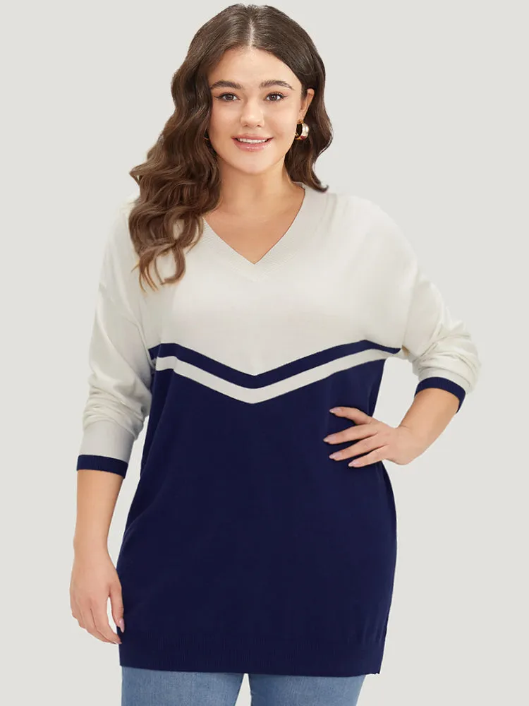 Striped Two Tone V Neck Drop Shoulder Pullover sold by Bloomchic