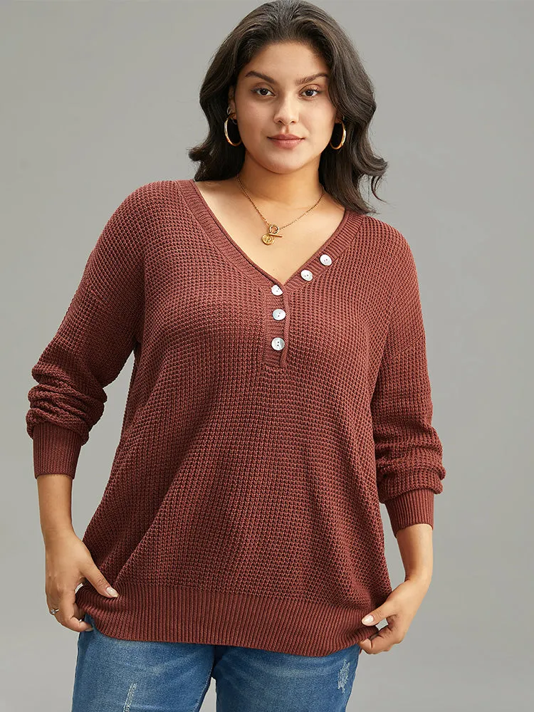 Plain Plisse Button Detail Drop Shoulder Pullover sold by Bloomchic