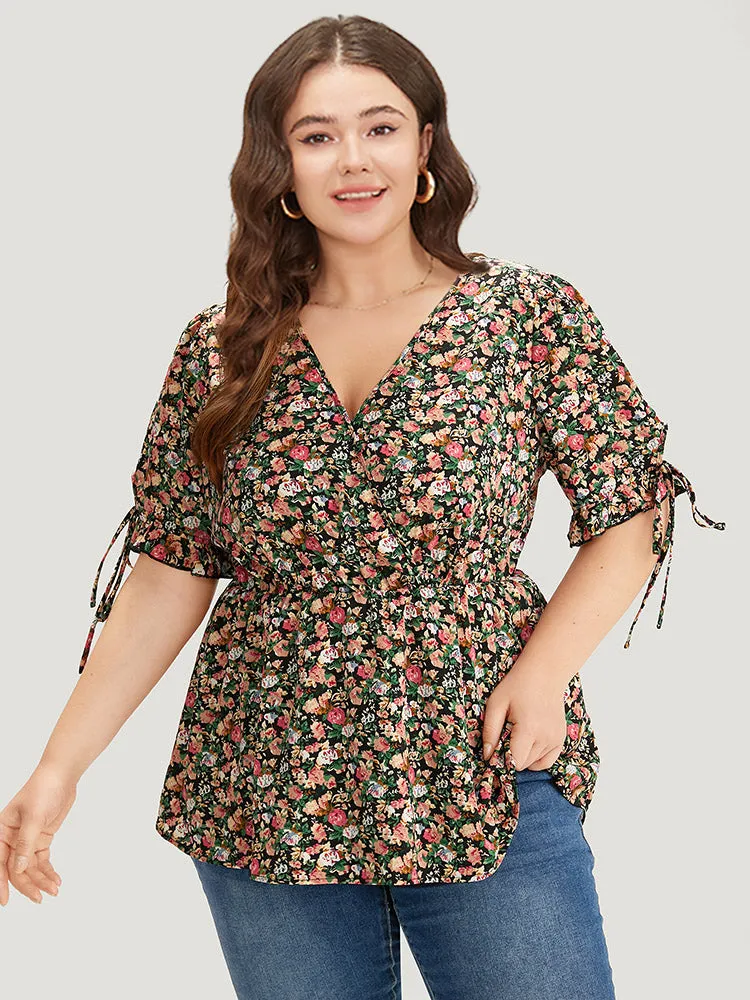 Ditsy Floral Wrap Ties Gathered Ruffle Hem Blouse sold by Bloomchic