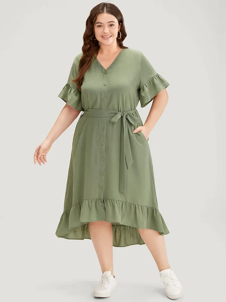 Plain Button Through Belted Pocket Flutter Sleeve Dress sold by Bloomchic product image thumbnail 4