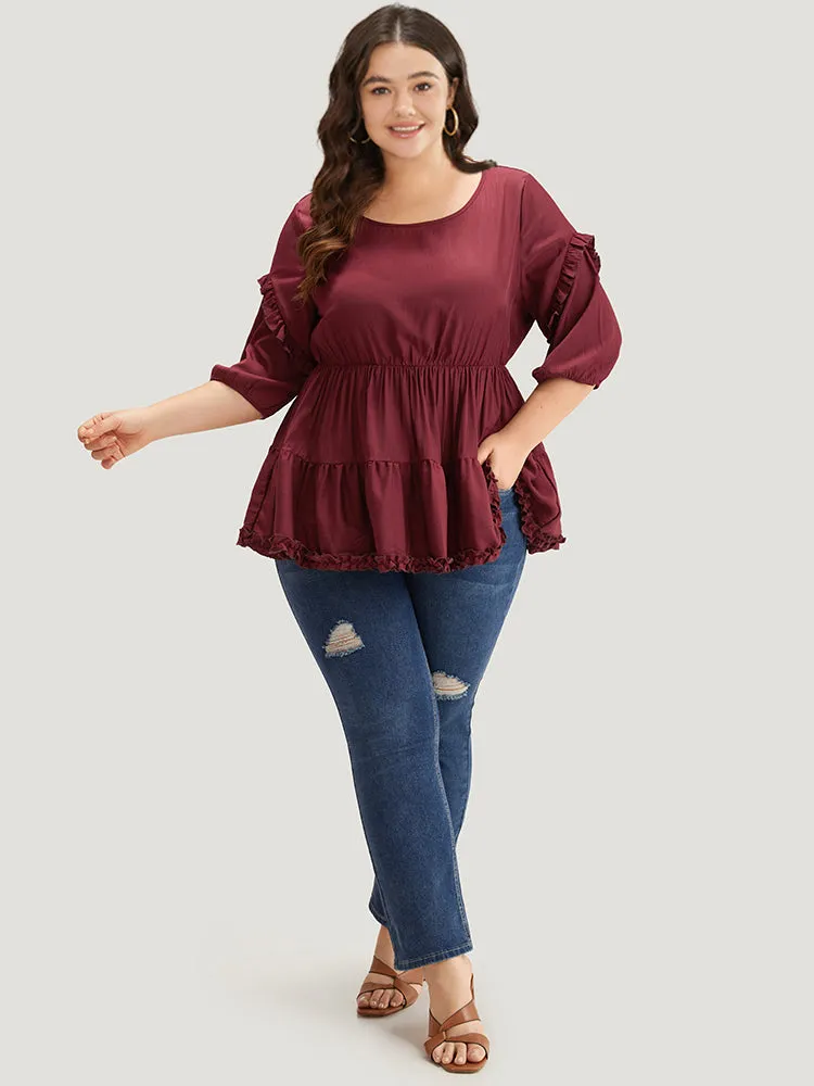 Plain Frill Trim Layered Hem Lantern Sleeve Blouse sold by Bloomchic product image thumbnail 4