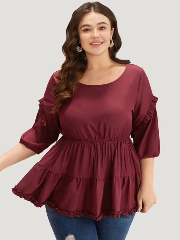 Plain Frill Trim Layered Hem Lantern Sleeve Blouse sold by Bloomchic