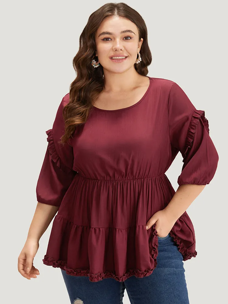Plain Frill Trim Layered Hem Lantern Sleeve Blouse sold by Bloomchic product image thumbnail 3