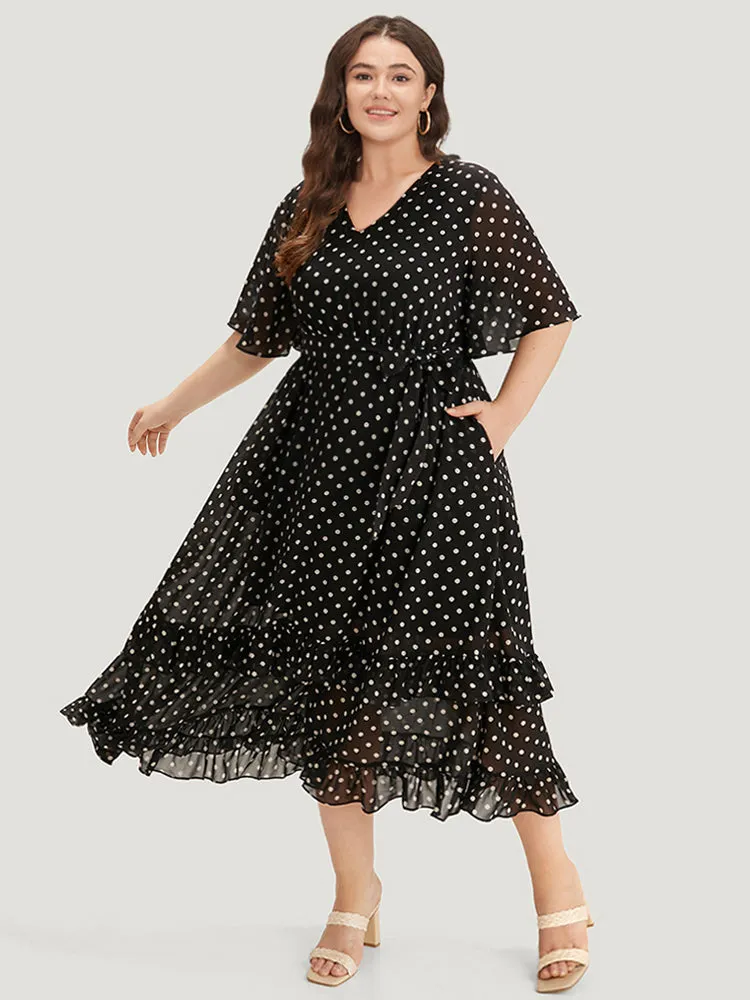 Polka Dot Ruffles Pocket V Neck Mesh Belted Dress sold by Bloomchic product image thumbnail 4