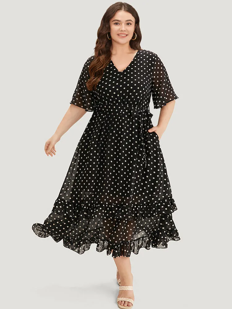 Polka Dot Ruffles Pocket V Neck Mesh Belted Dress sold by Bloomchic