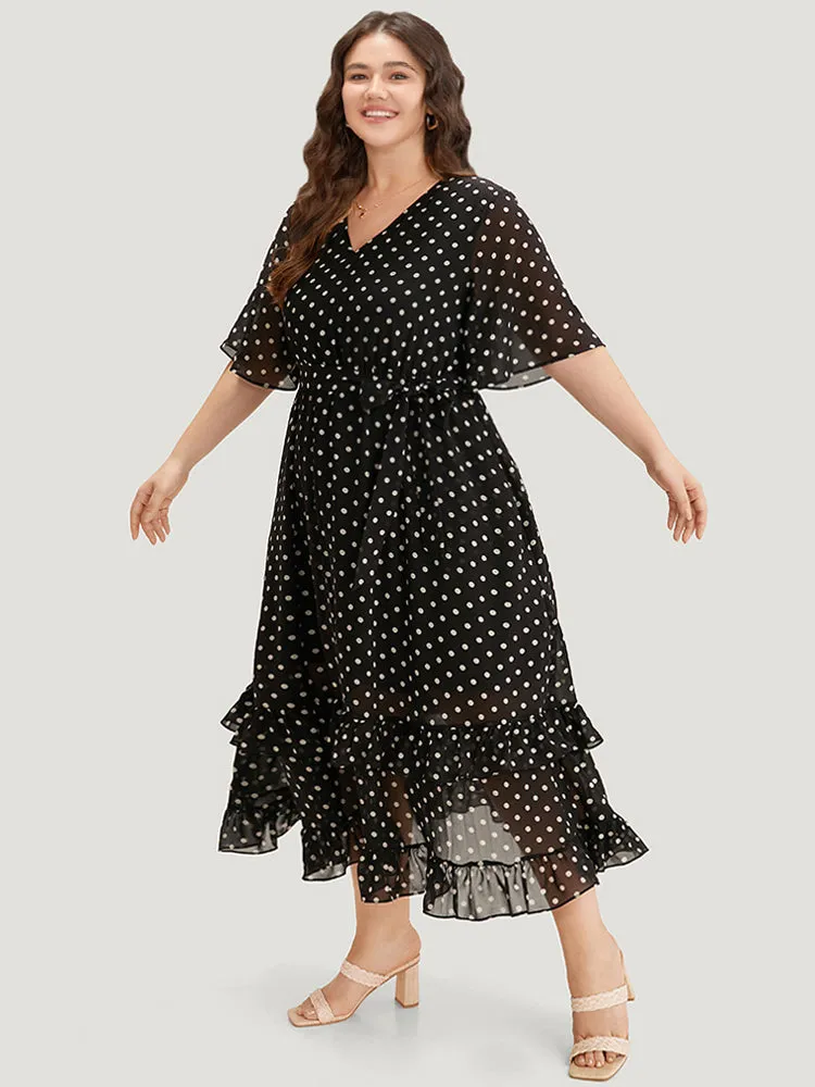 Polka Dot Ruffles Pocket V Neck Mesh Belted Dress sold by Bloomchic product image thumbnail 2