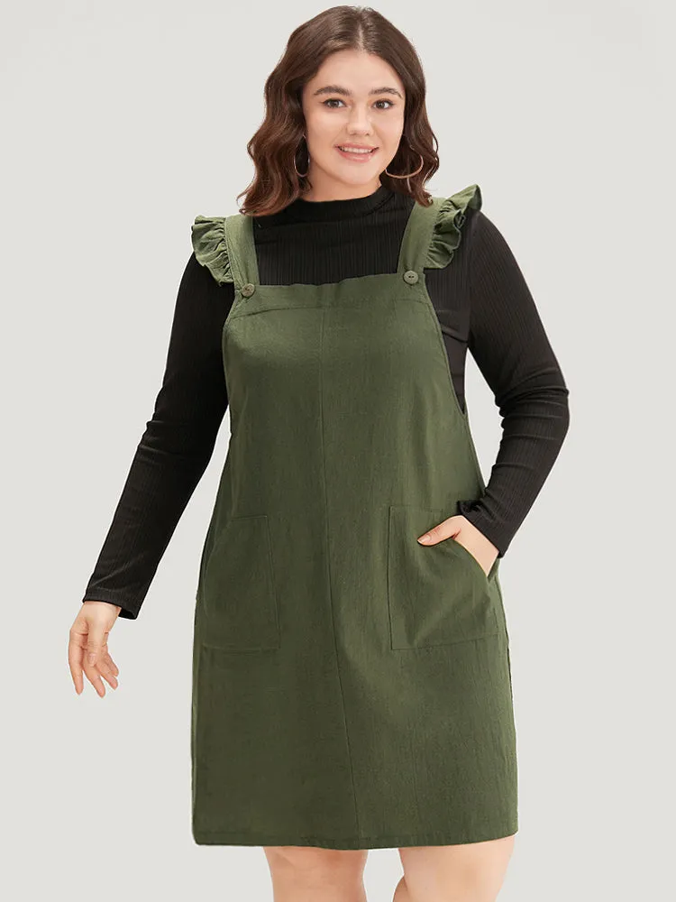 Solid Square Neck Button Up Pocket Ruffle Trim Cami Dress sold by Bloomchic