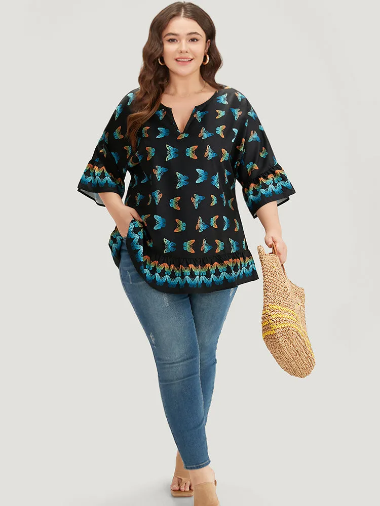 Butterfly Notched Bell Sleeve Gathered Blouse sold by Bloomchic product image thumbnail 4