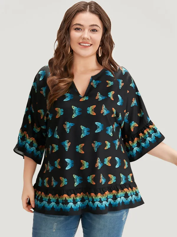 Butterfly Notched Bell Sleeve Gathered Blouse sold by Bloomchic