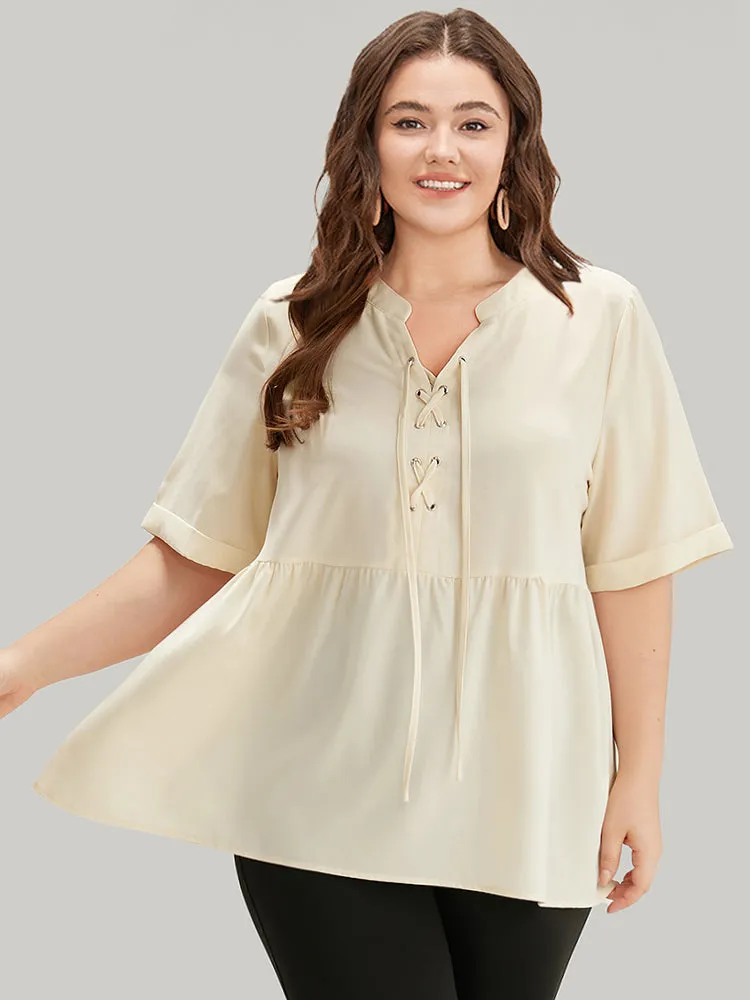 Anti-Wrinkle Lace Up Notched Gathered Blouse sold by Bloomchic