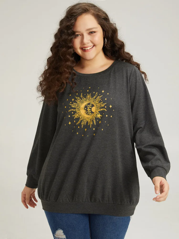 Moon and Star Print Crew Neck Elastic Cuffs Sweatshirt sold by Bloomchic