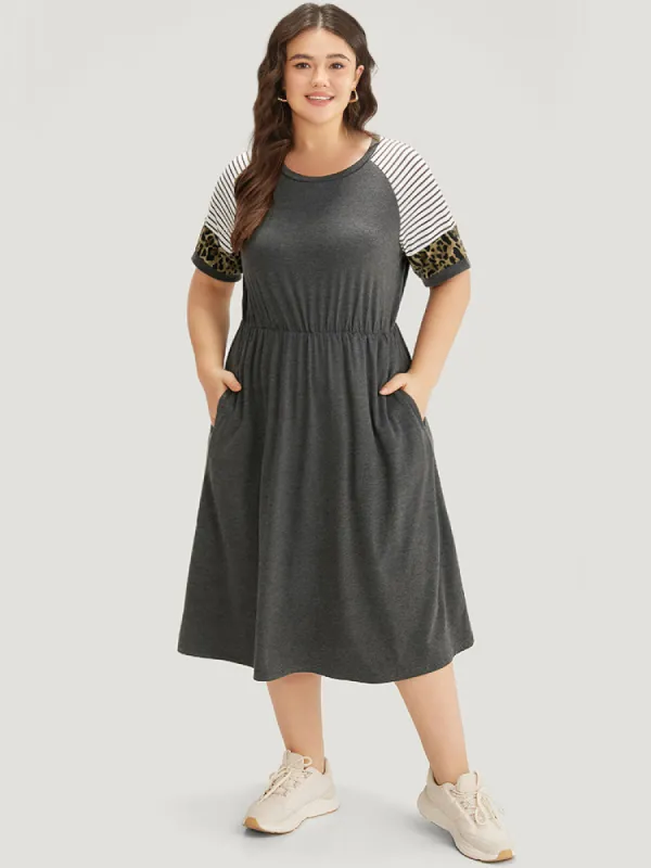 Supersoft Essentials Leopard Striped Patchwork Raglan Sleeve Dress sold by Bloomchic
