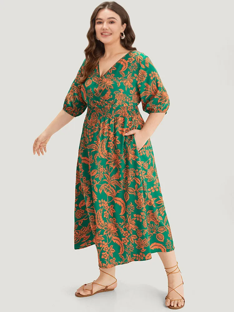 Plants Print Overlap Collar Shirred Dress sold by Bloomchic product image thumbnail 5