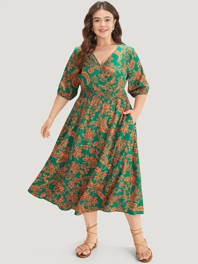 Plants Print Overlap Collar Shirred Dress sold by Bloomchic product image thumbnail 3