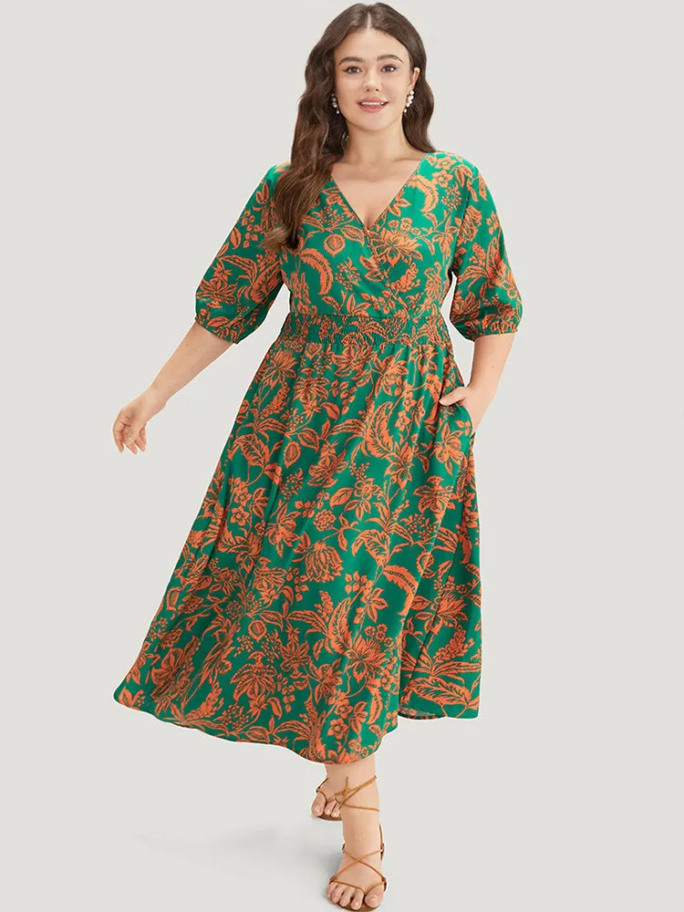 Plants Print Overlap Collar Shirred Dress sold by Bloomchic product image thumbnail 4